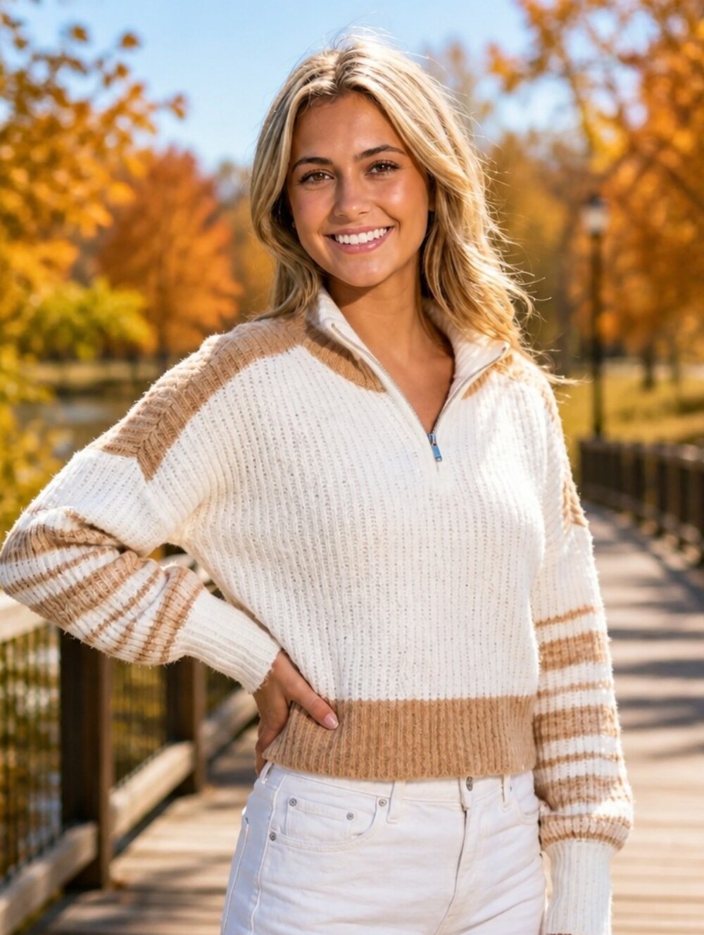 French Connection Winter White & Camel Half-Zip Ribbed Knit Sweater Size Medium - Picture 3 of 11
